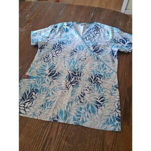 Med Dickies Blue White Silver Floral Cotton Short Sleeve VNeck Scrub Top Shirt